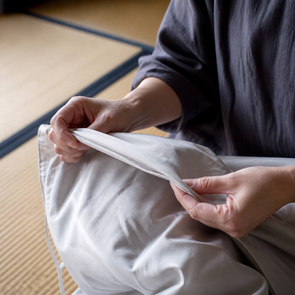 掛け布団カバーの内側にインナーカバーを重ねている手元
