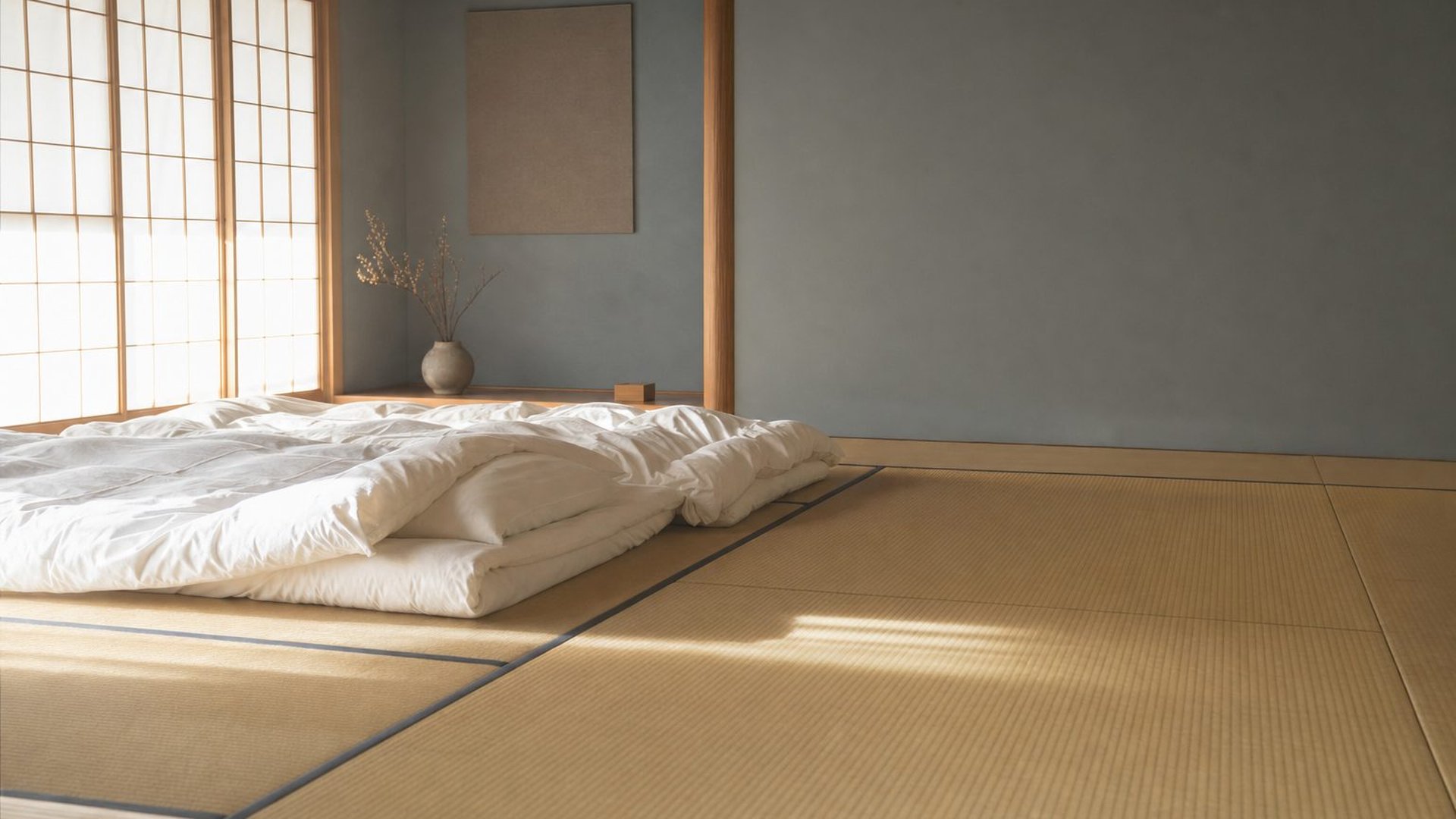 畳の和室に敷かれた白い布団に朝の光が差し込んでいる