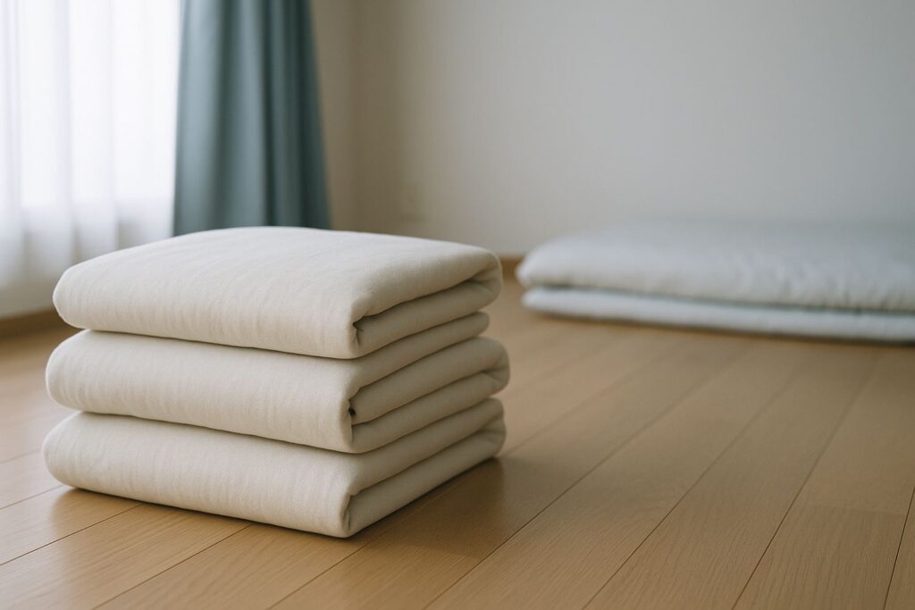 たたんだ白い布団カバー3枚を明るい部屋の床に重ねて置いたところ