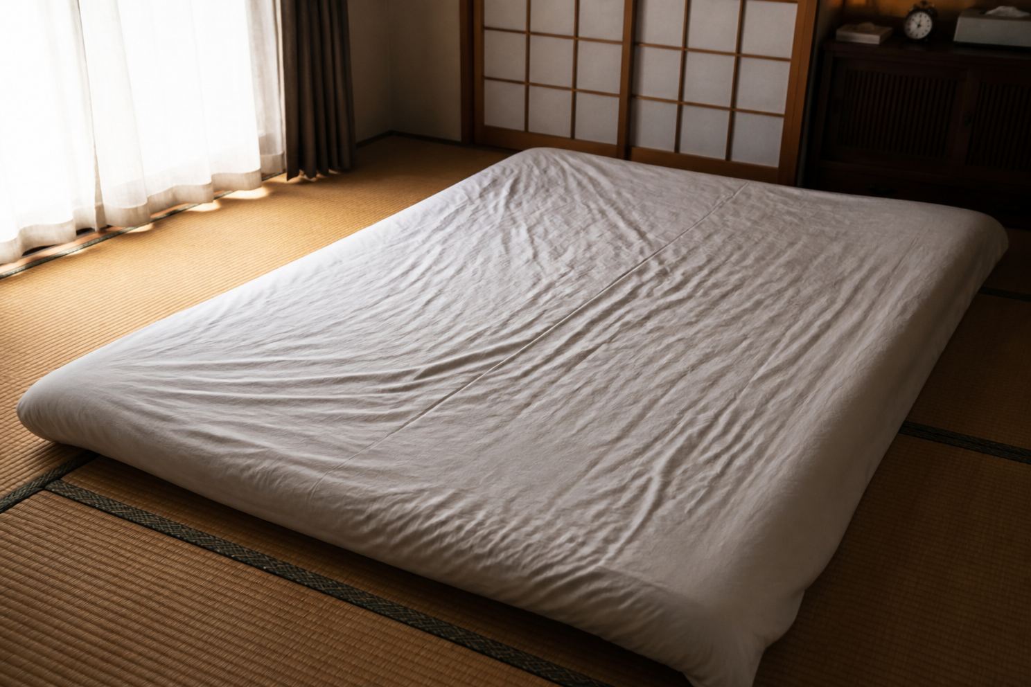 敷布団に白いカバーを掛けた和室の寝床